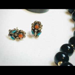 Turquoise and Coral Navajo Stud Earrings